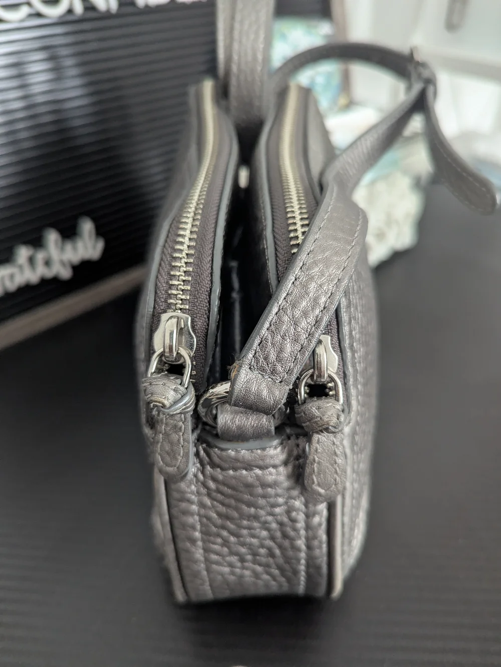 Cole Haan Metallic Gray Pebbled Leather Crossbody Bag